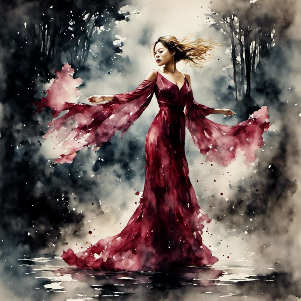 Ethereal Woman Dancing in Moonlight: Antique Watercolor