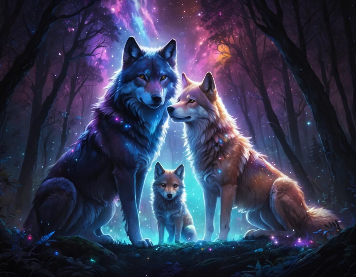 Wolf Family Gaze at Galactic Stars in Iridescent Forest