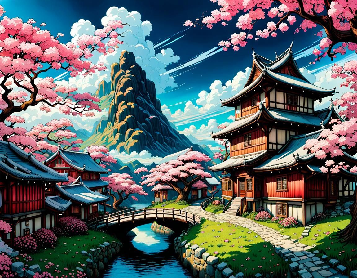 Cherry Tree Village: Fantasy Landscape in Polychromatic Styl...
