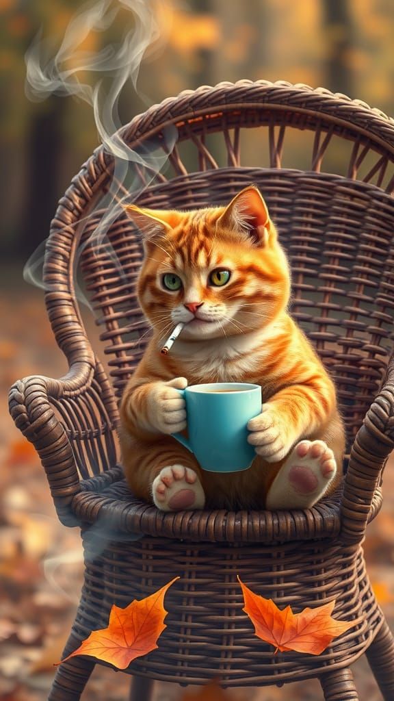 A cat sitting in a wicker chair smoking a cigarette.
