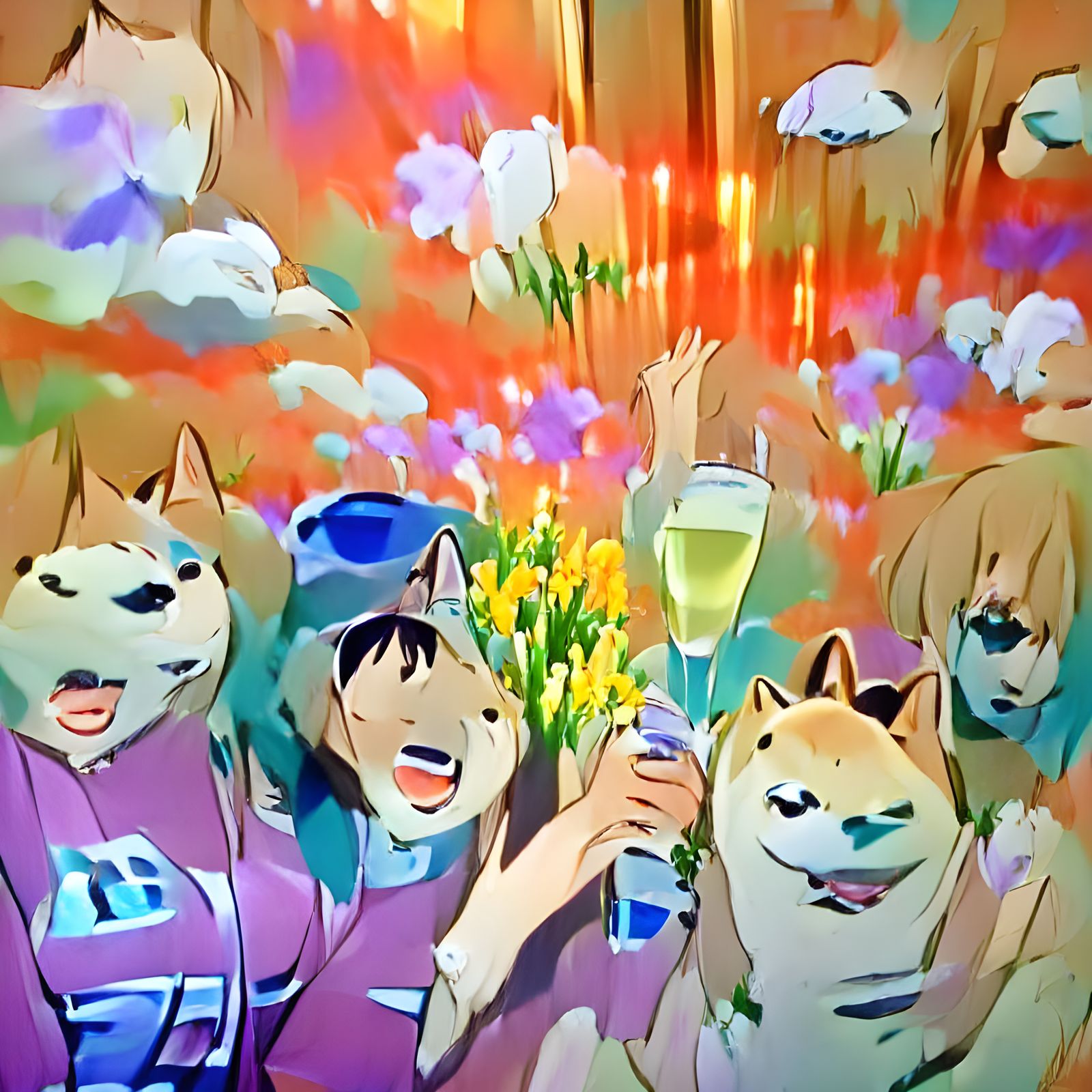 Joyous Anime Girls Celebrate with Shiba Inu