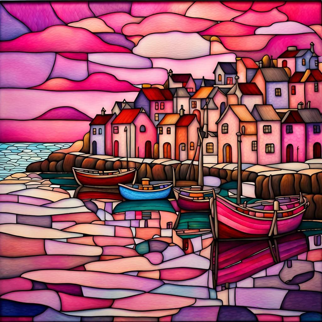 Harbor Village Stained Glass Painting in Cubist Style