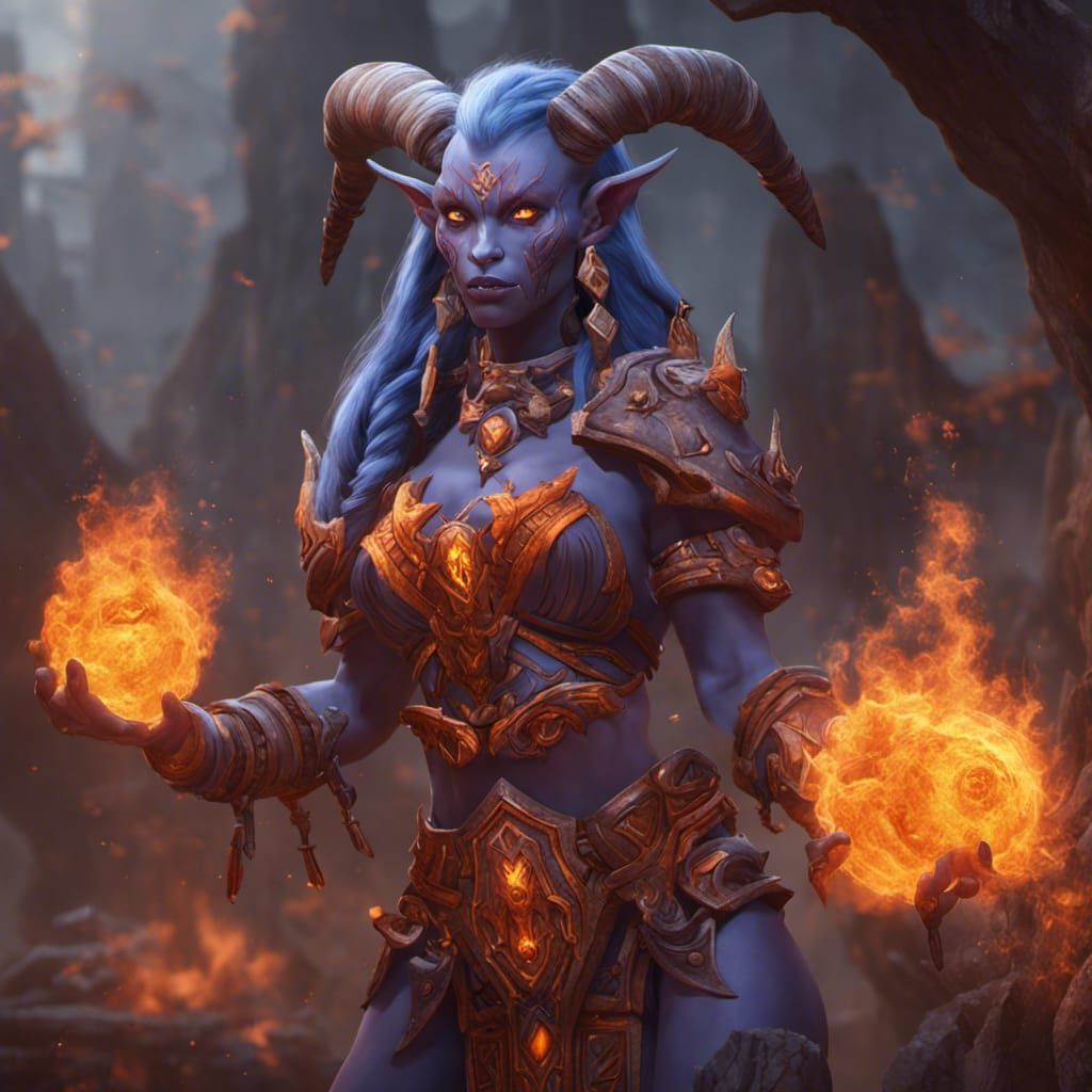 Fiery Draenei Shaman in Detailed Fantasy Art