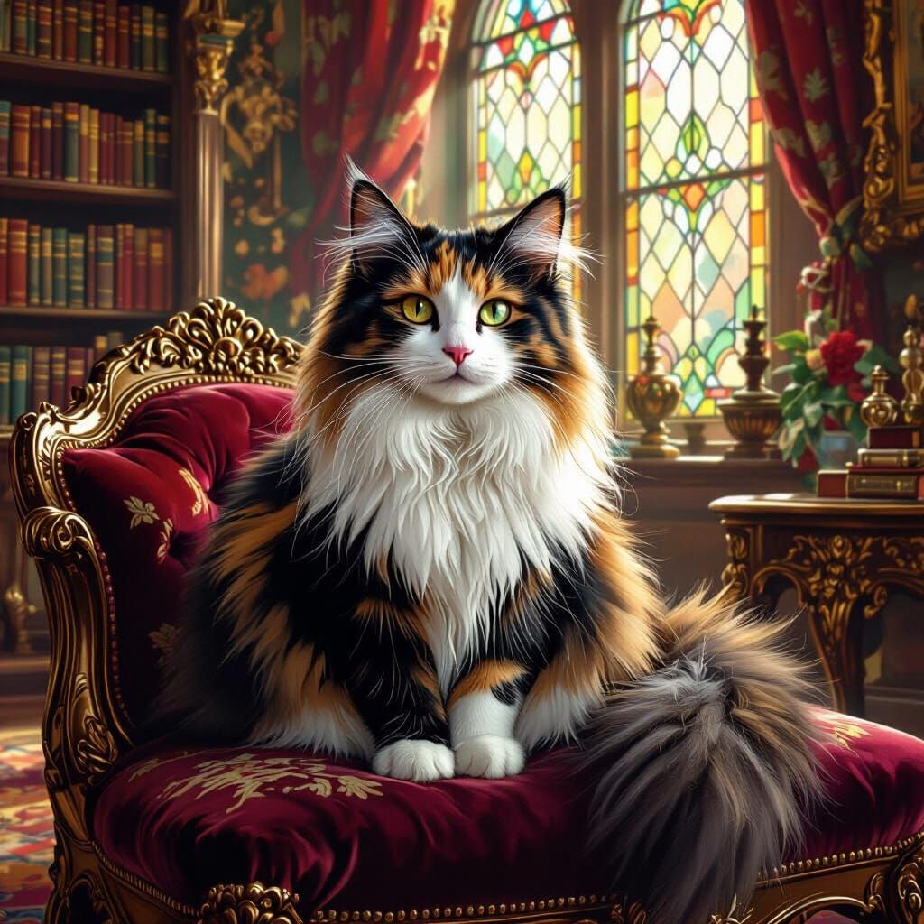 Victorian Calico Cat Portrait in Pre-Raphaelite Style