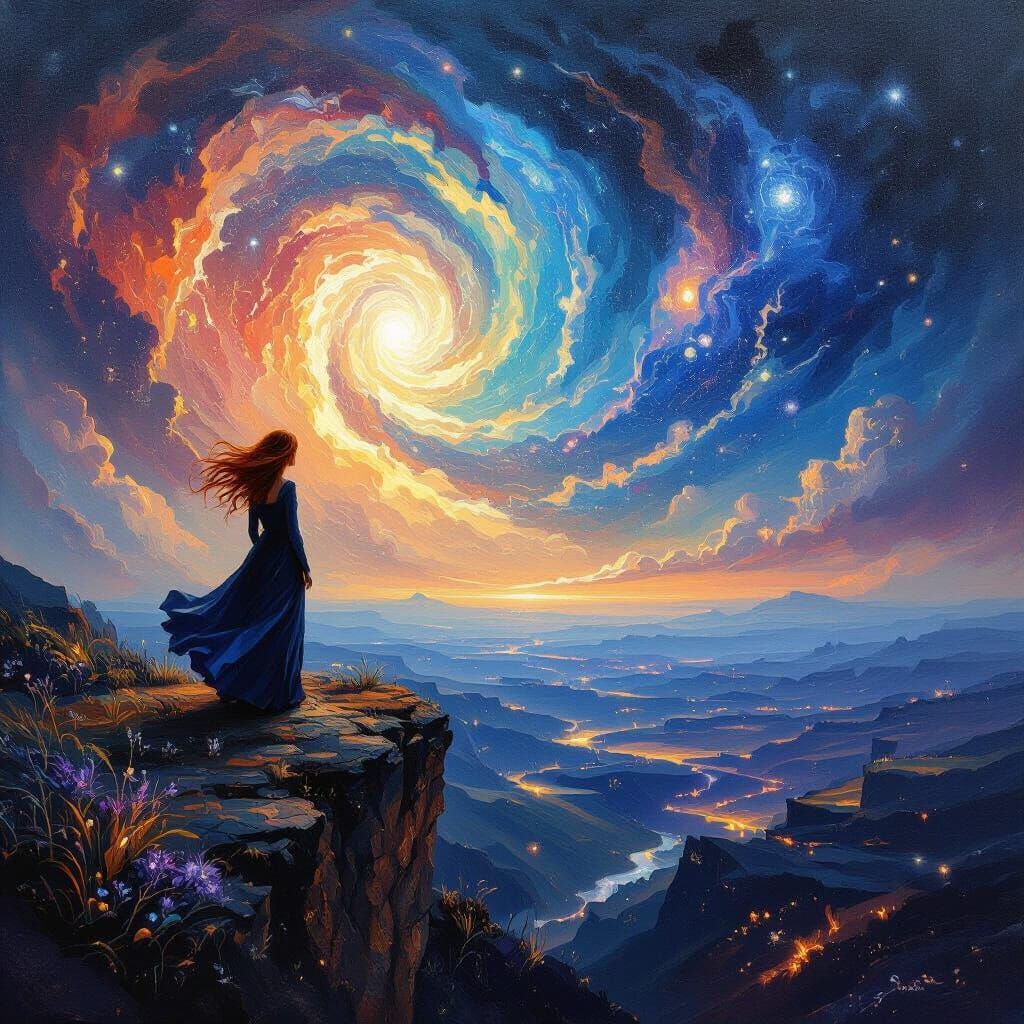 Woman Gazes at Nebula Sky Over Alien Landscape in Impasto St...