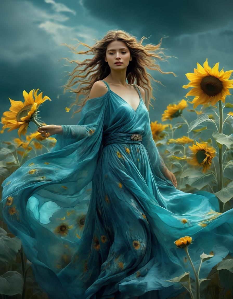 Woman in Blue Dress with Ice Sunflowers