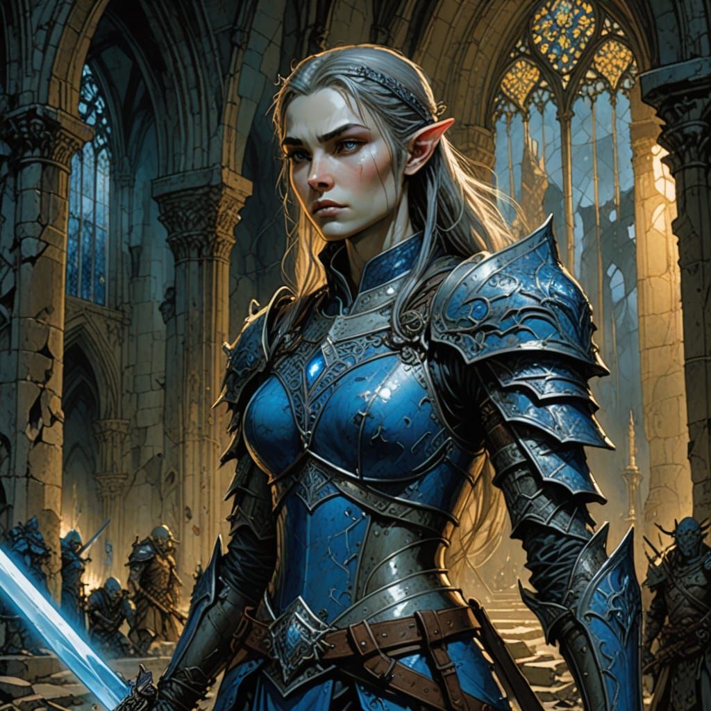 Elven Princess Ready to Strike in Ruined Cathedral