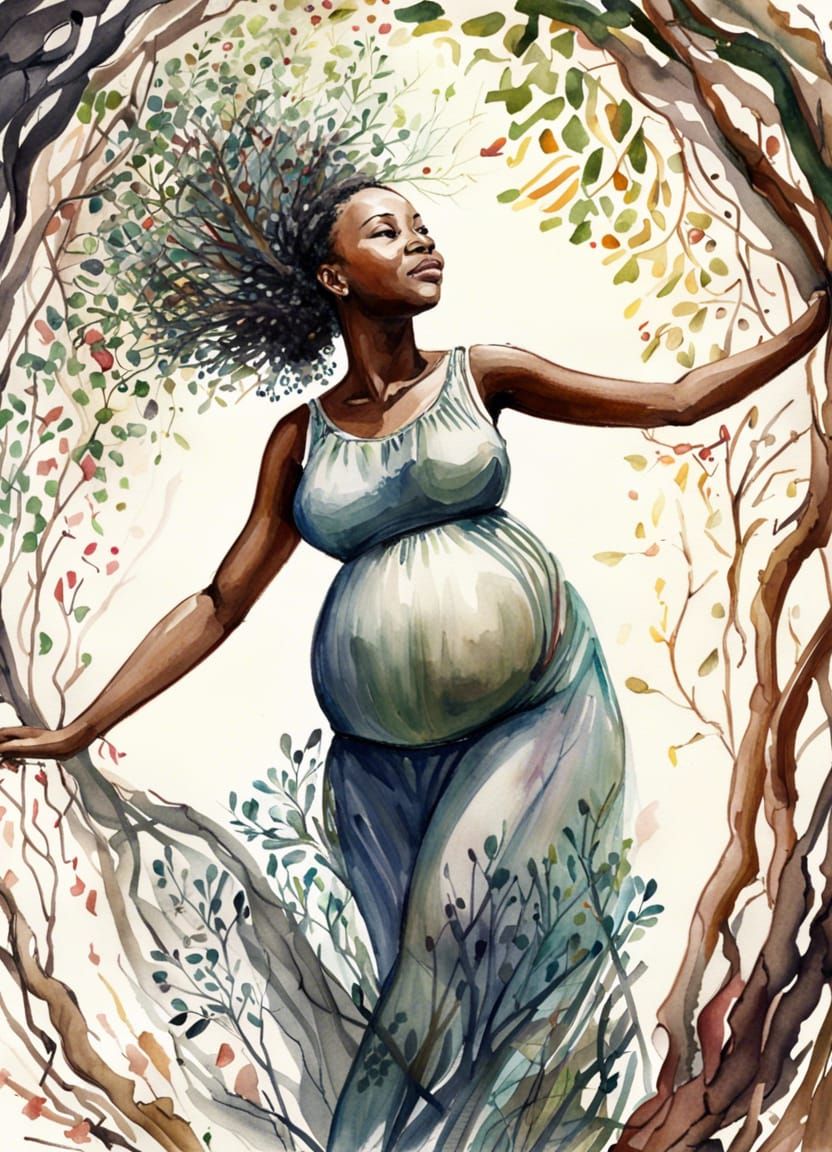 Joyful Pregnant Woman Dancing: Watercolor Fantasy Art
