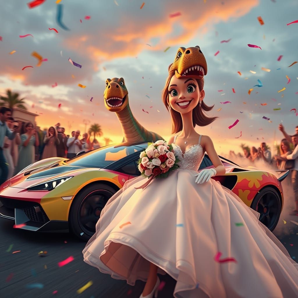 Dinosaur Crashes Wedding in Supercar: Joyful Celebration