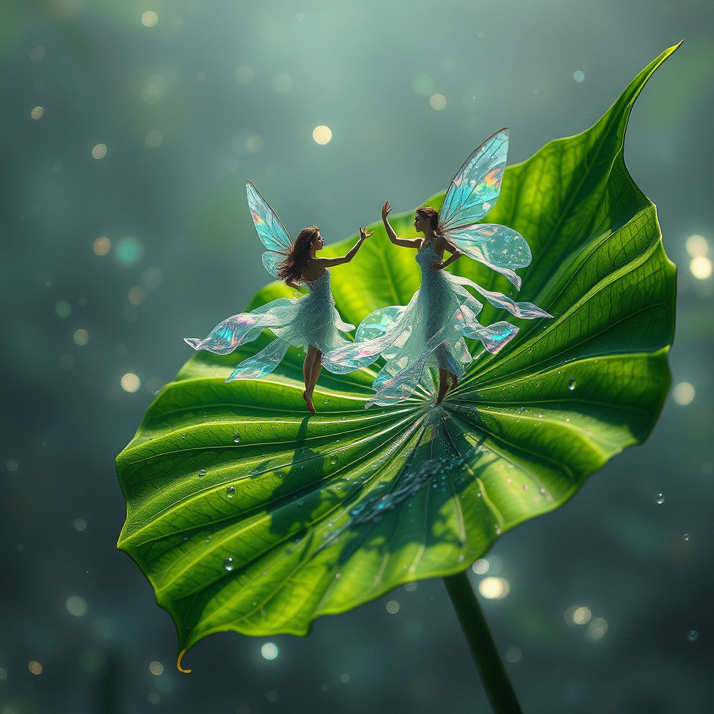 Iridescent Water Nymphs Dance on Emerald Leaf