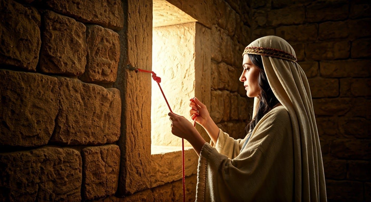 Picture a realistic scene of Rahab in her stone house in anc...