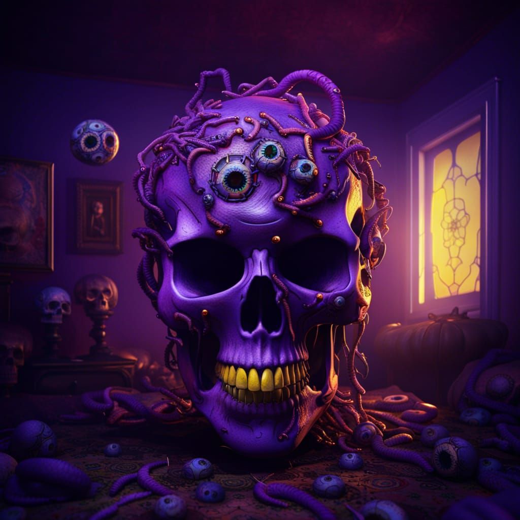 Skull in Haunted Bedroom: Dark Fantasy Horror Masterpiece