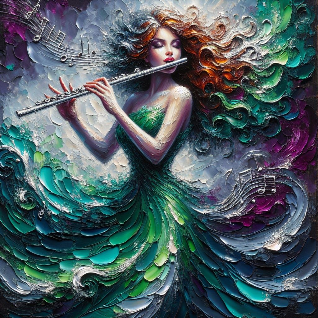 Woman Playing Flute as Impasto Oil Painting