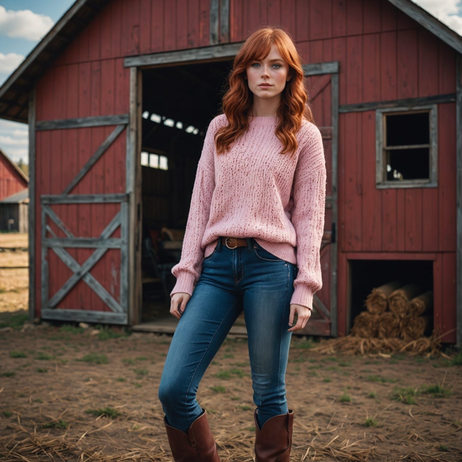 Young Woman with Red Hair Outside Barn