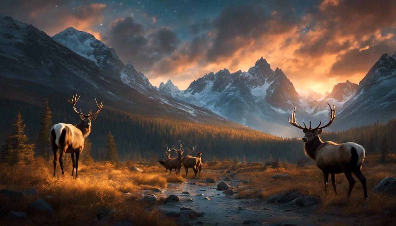 Reindeers grazing by the mountain range