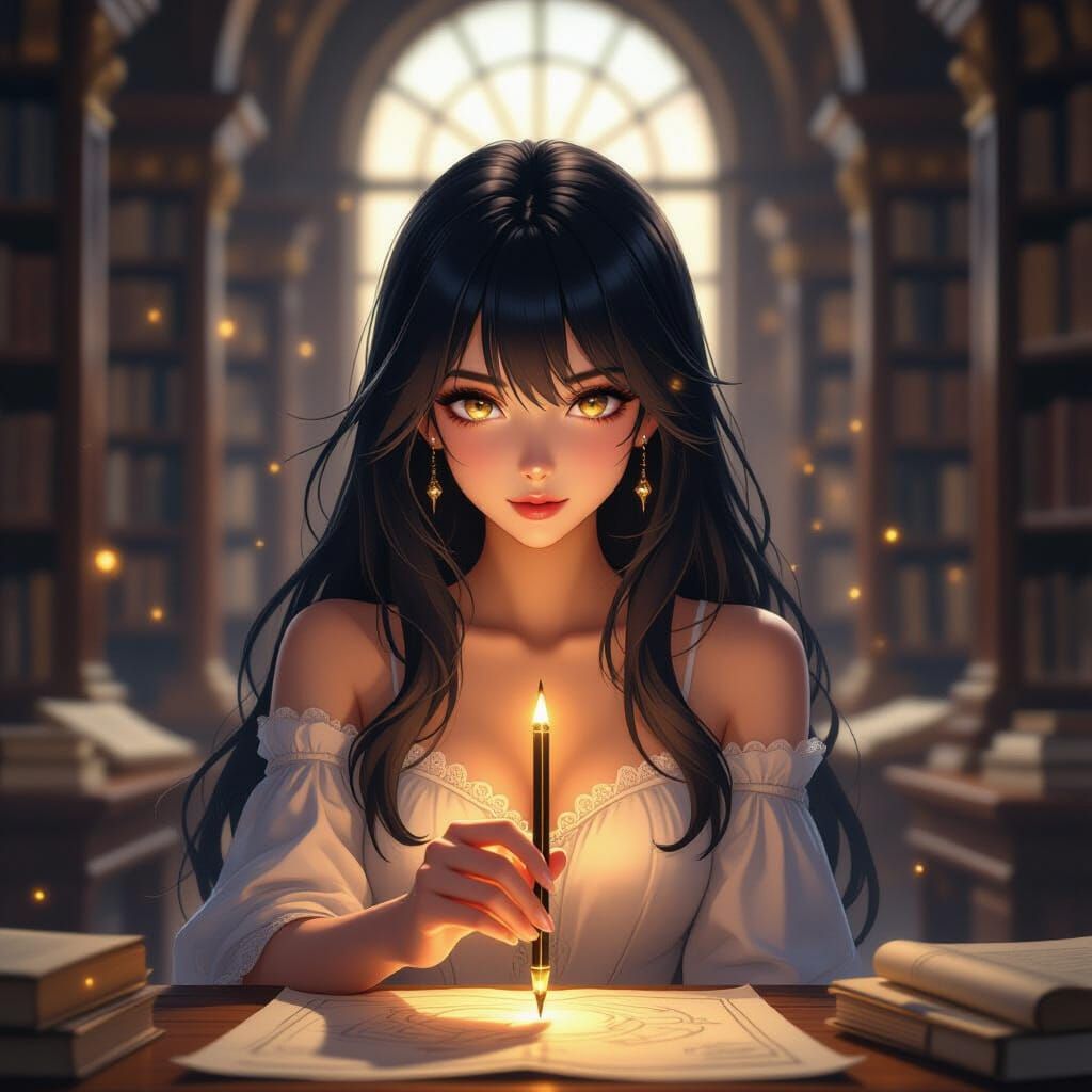 Anime Librarian Mystic With Molten Gold Eyes