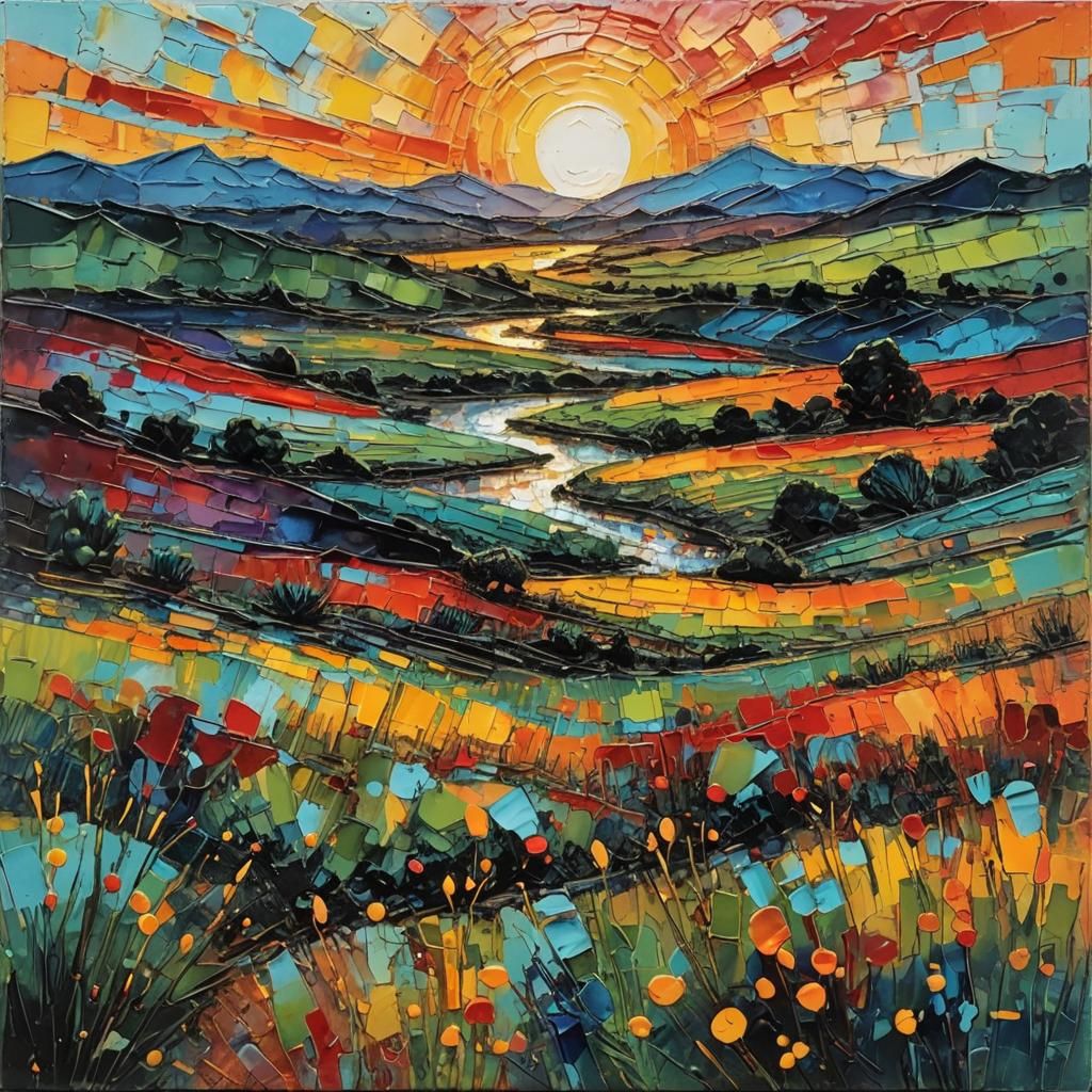 Sunset Landscape in Encaustic Impasto Technique