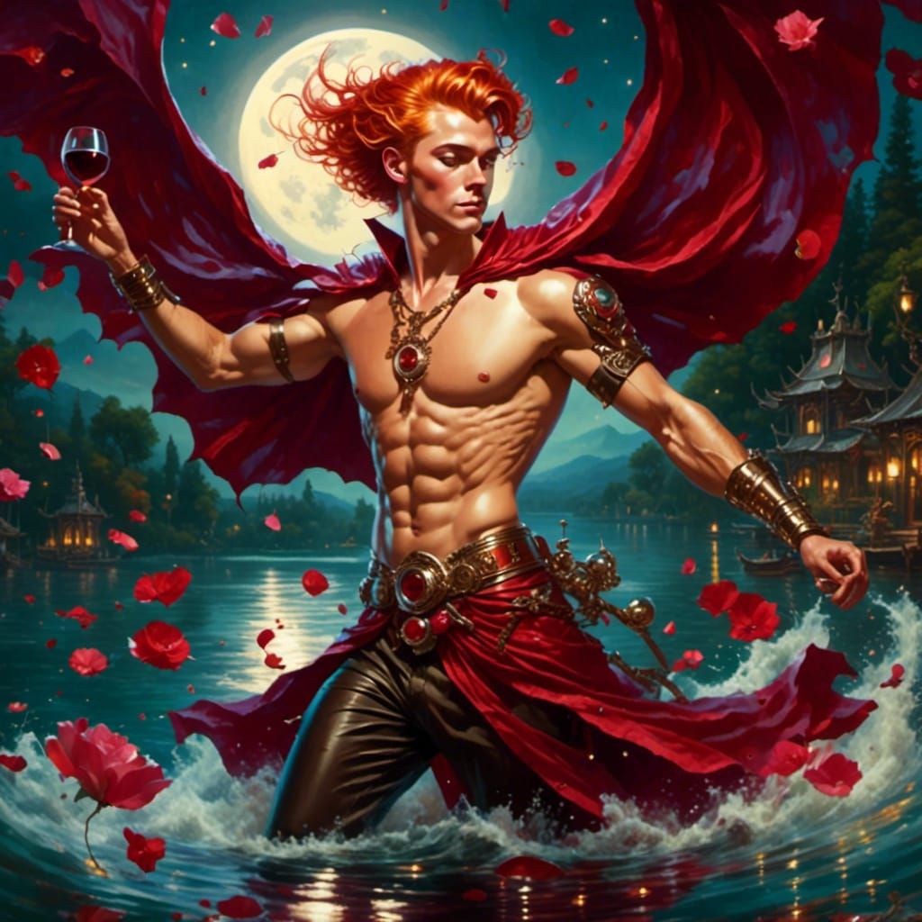 1950s Redhead Warrior Mage Soaring Over Lake