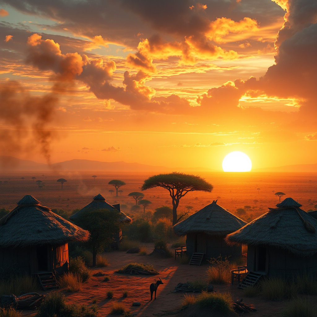 African Village Sunrise: Detailed Matte Painting