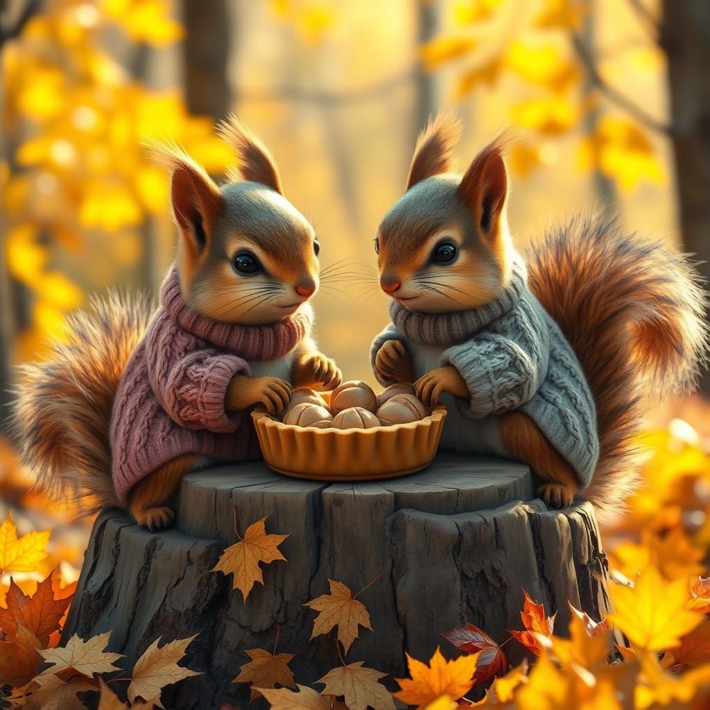 Squirrels Enjoy Cozy Autumn Snack in Sunlit Forest