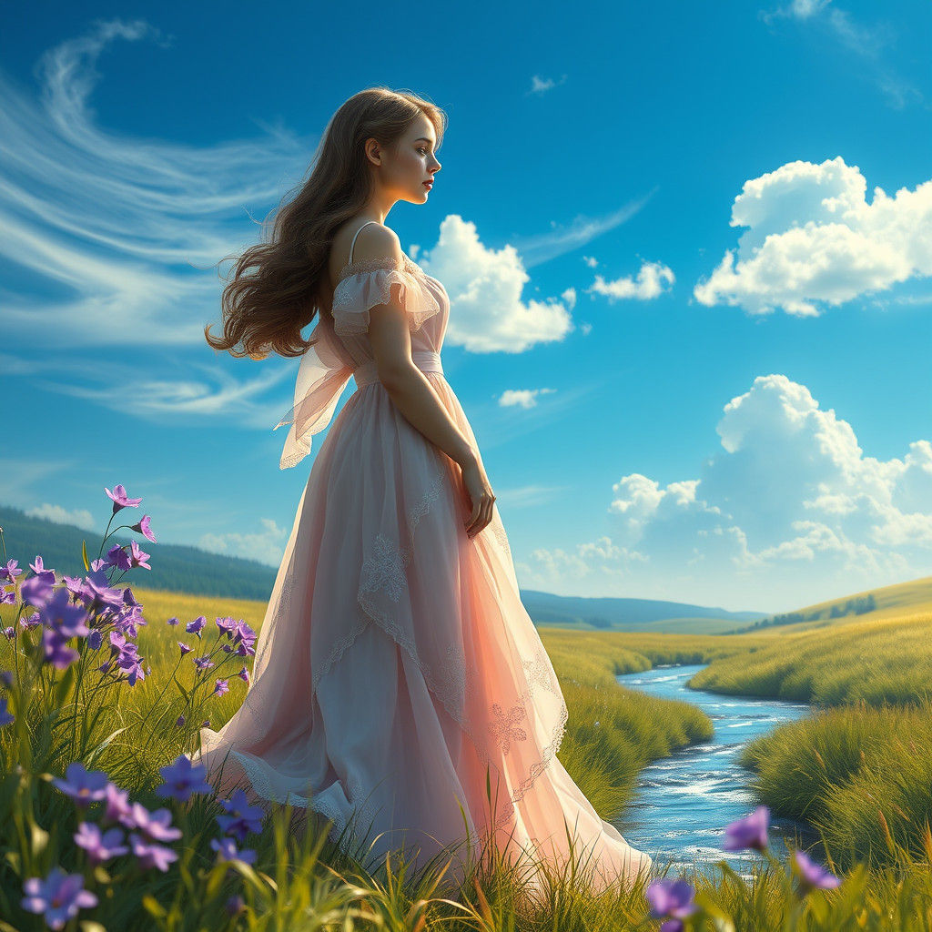 Whimsical Maiden in Violet Meadow, Ethereal Art