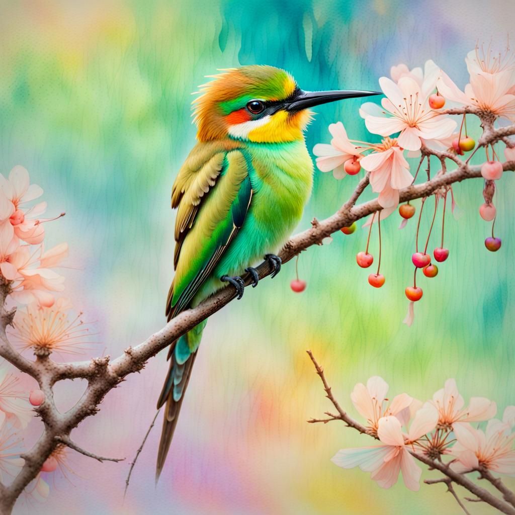 Opalescent Rainbow Bee-Eater in Pastel Watercolors