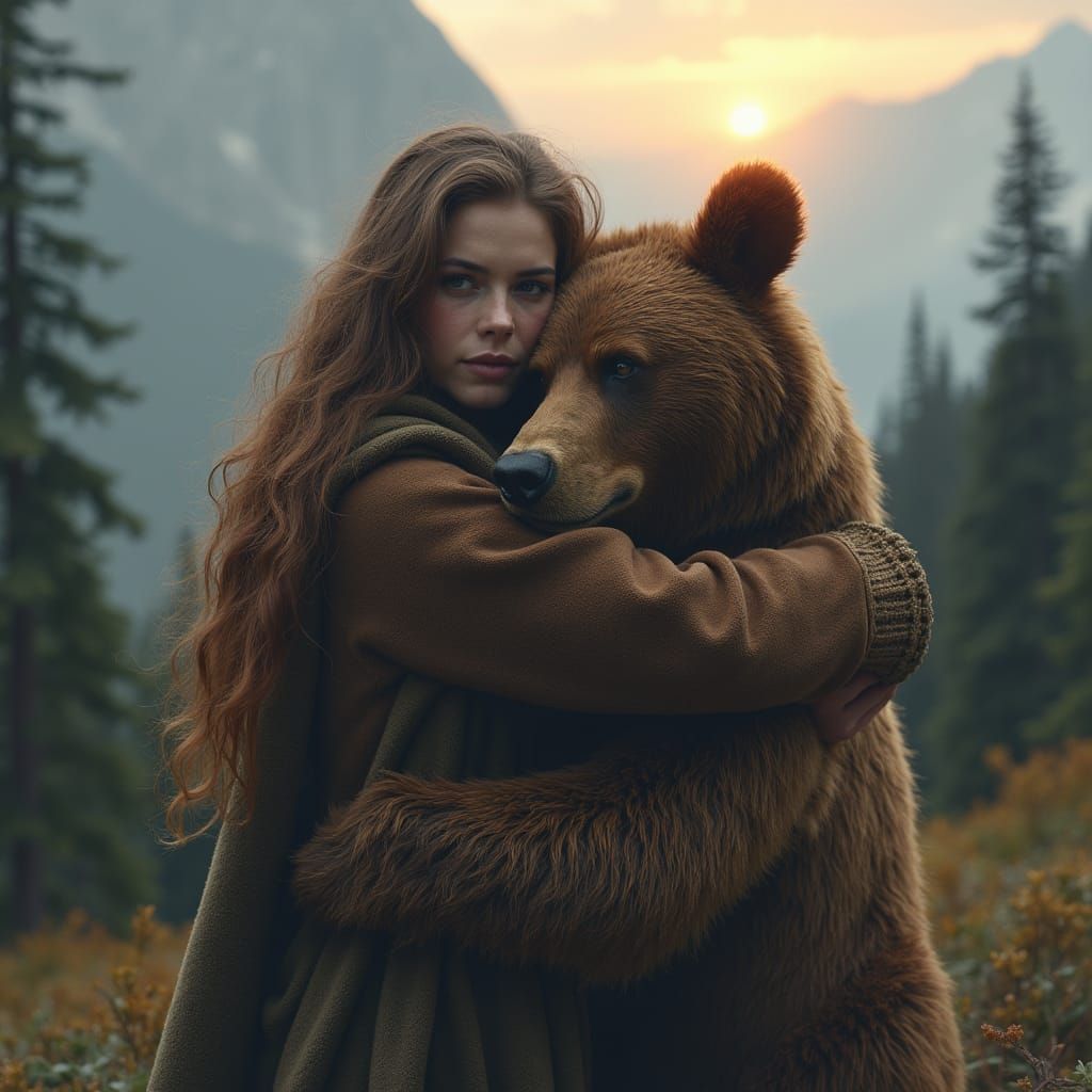 Woman and Bear Embrace in Misty Mountains