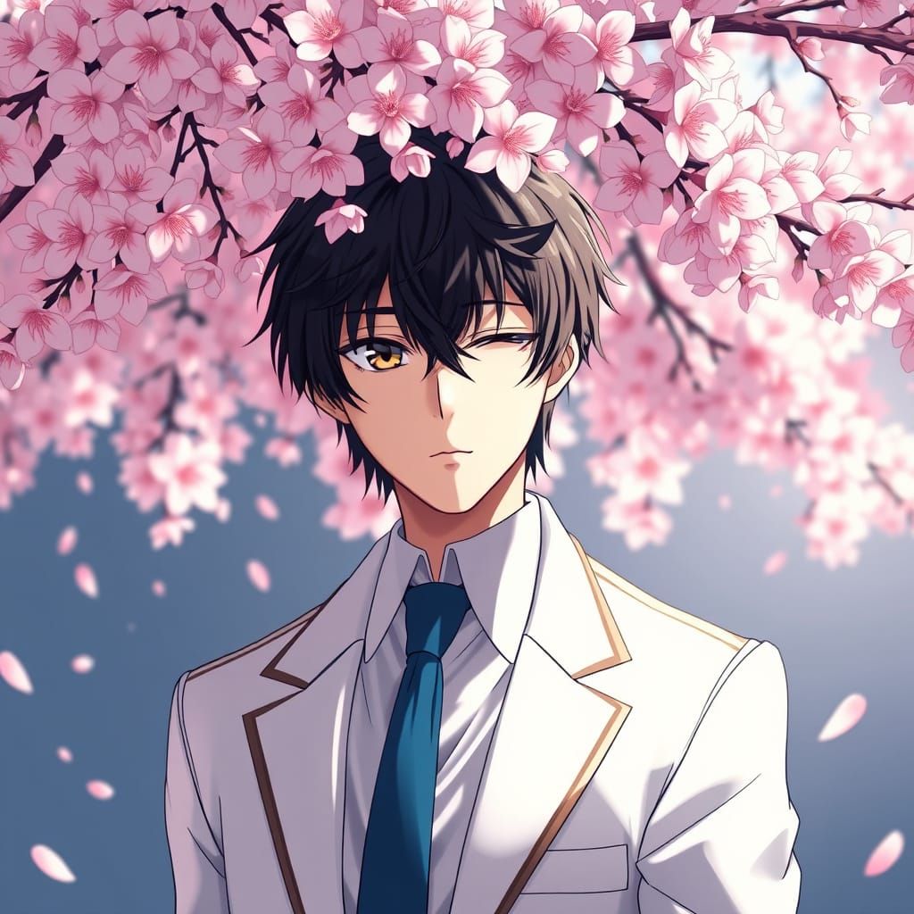 Melancholic Anime Character Under Cherry Blossoms