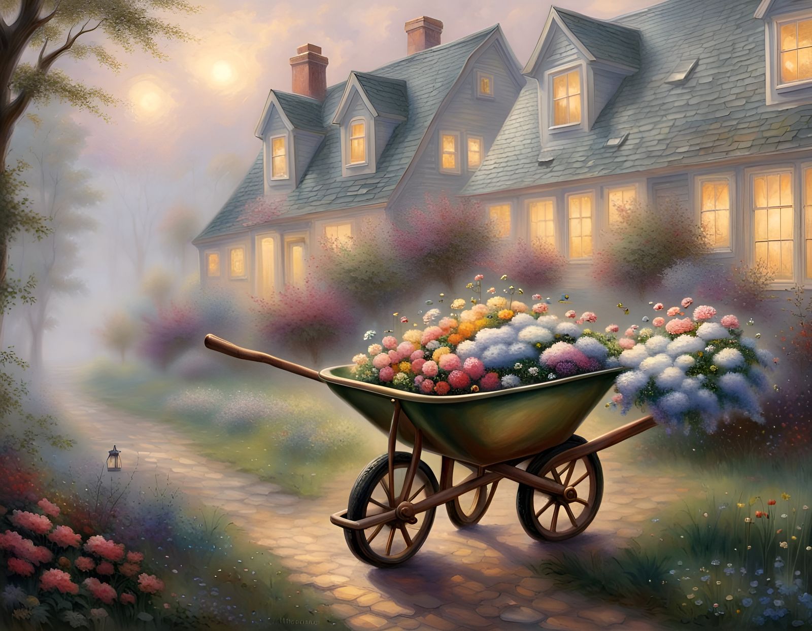 Ethereal Wheelbarrow Filled with Flowers in Mist