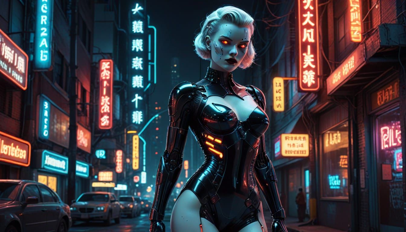 Android Pinup in Cyberpunk Film Noir Style