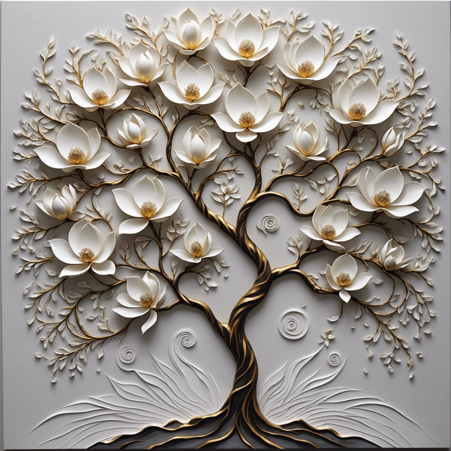 White Spiral fume art, jeweled backdrop, perfectly formed Magnolia Tree , full body, 3d shading, melting oil on canvas