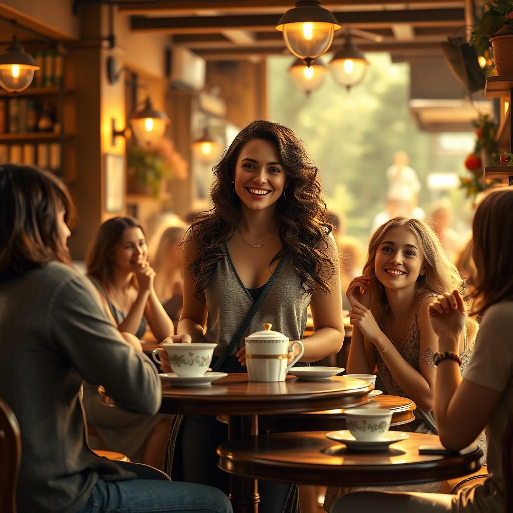 Cafe Scene of Woman Laughing with Friends as Matte Painting