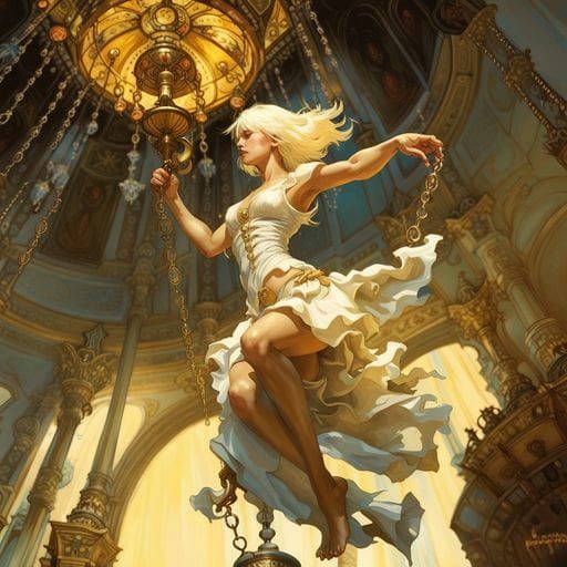 Girl Swinging on Chandelier in Dark Fantasy Style