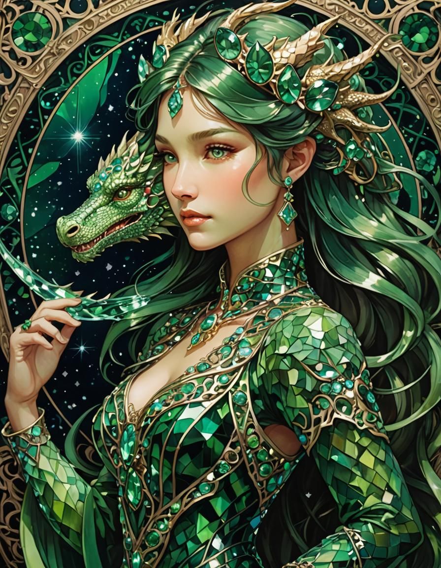 Emerald Crystal Dragon Girl in Art Nouveau Style