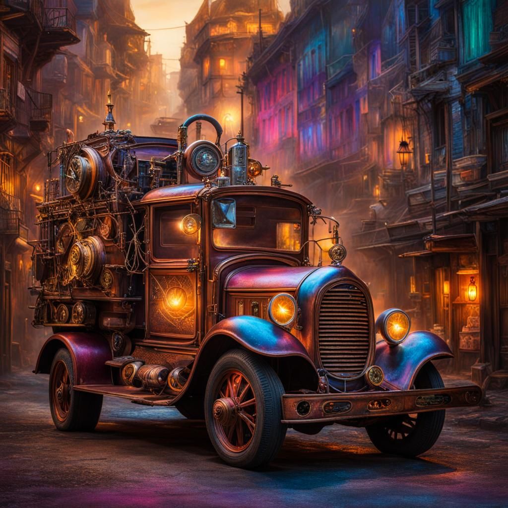 Steampunk Truck in Desolate City with Neon Chalk Art