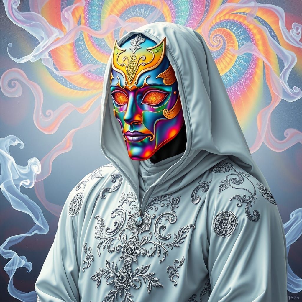 Enigmatic Figure in Iridescent White Robe with Shimmering Ma...