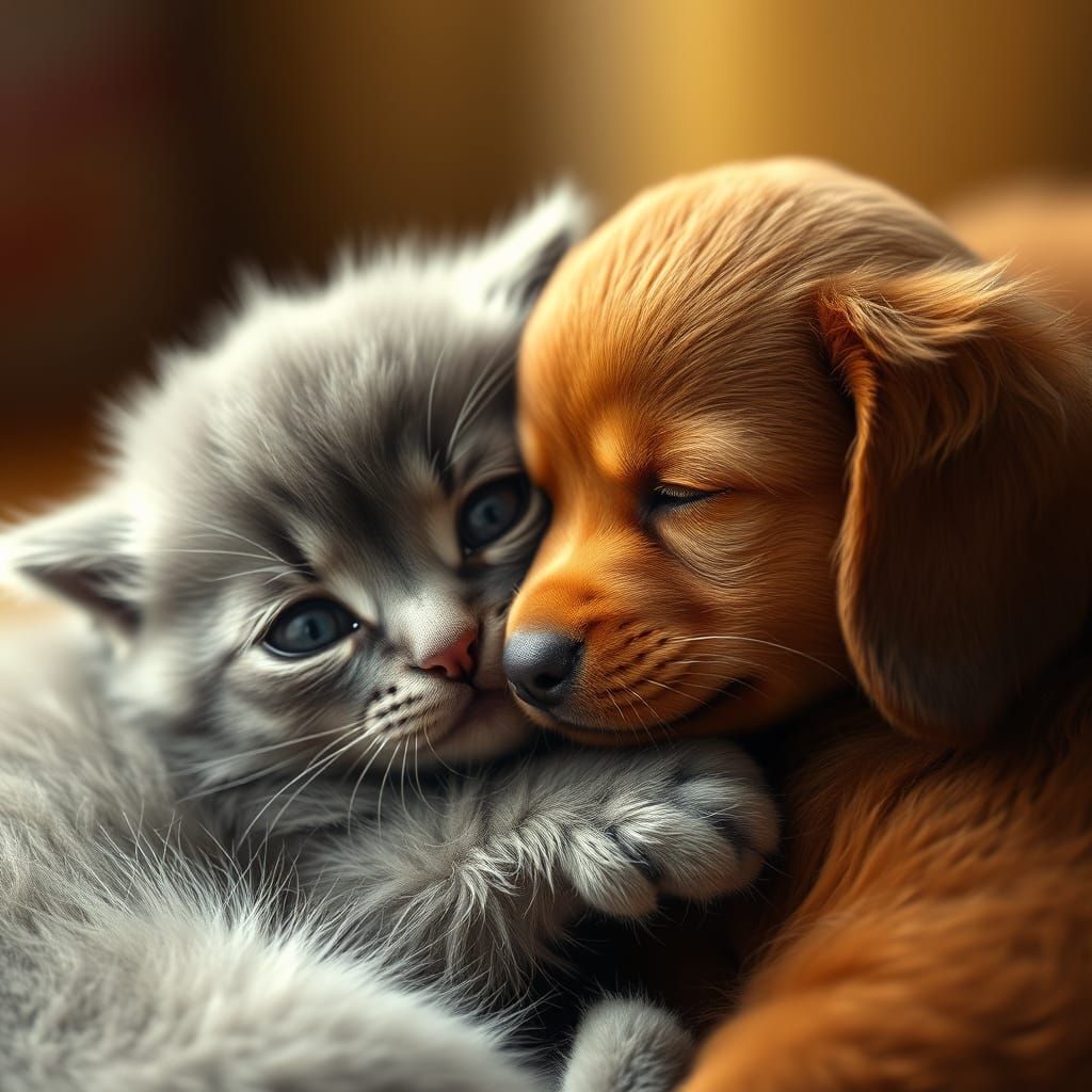 Gray Kitten and Brown Puppy Embracing in a Heartwarming Mome...
