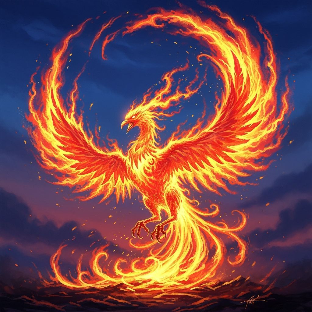 Majestic Phoenix Rising From Ash in Fiery Transformation