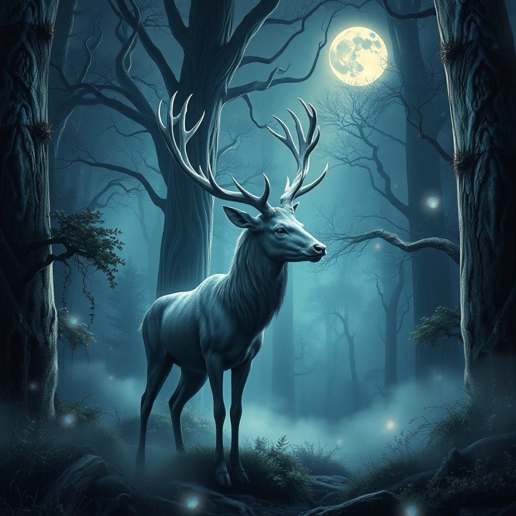 Moonlit Silver Stag in Enchanted Forest