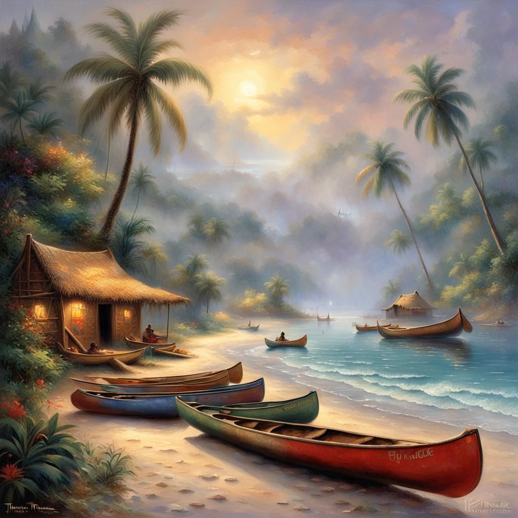 Canoes on Sandy Beach with Jungle Village