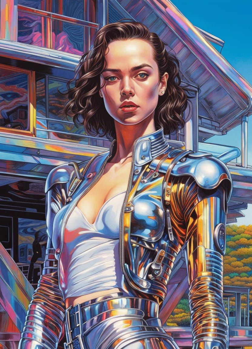 Chrome Cyborg Portrait on Lakeside Patio