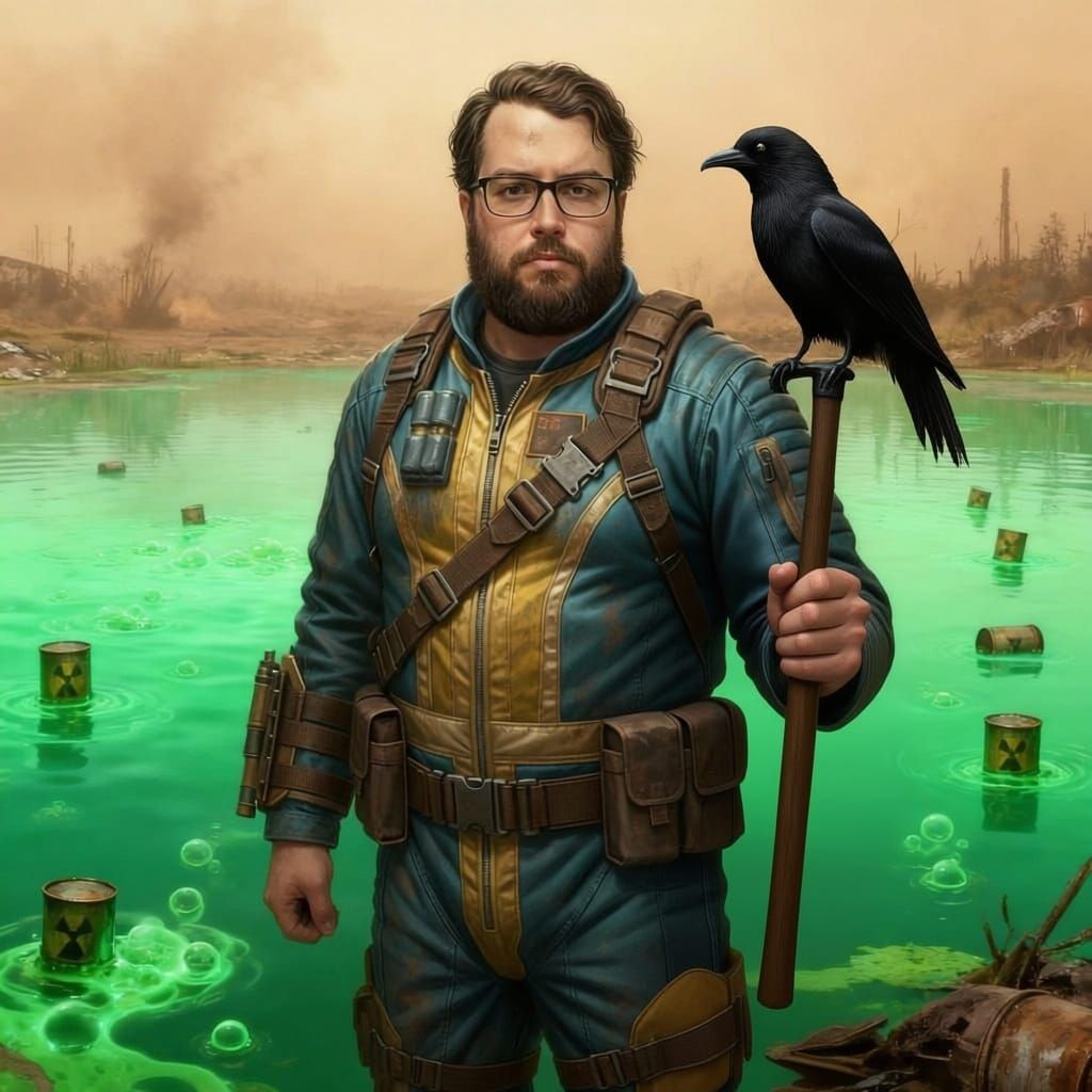 Nuclear Waste Lake Scene with Floating Barrels