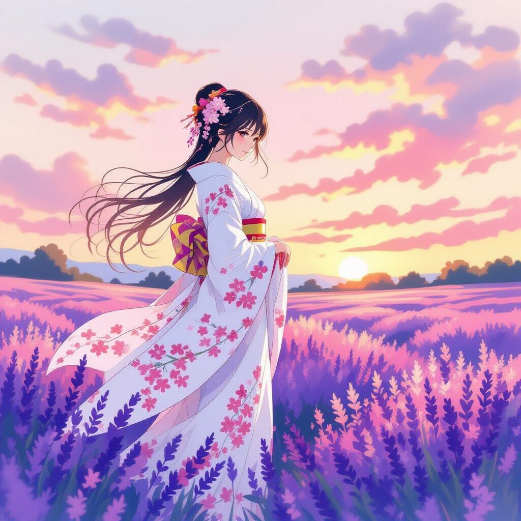 Miku in Kimono, Watercolor Alphonse Mucha Style