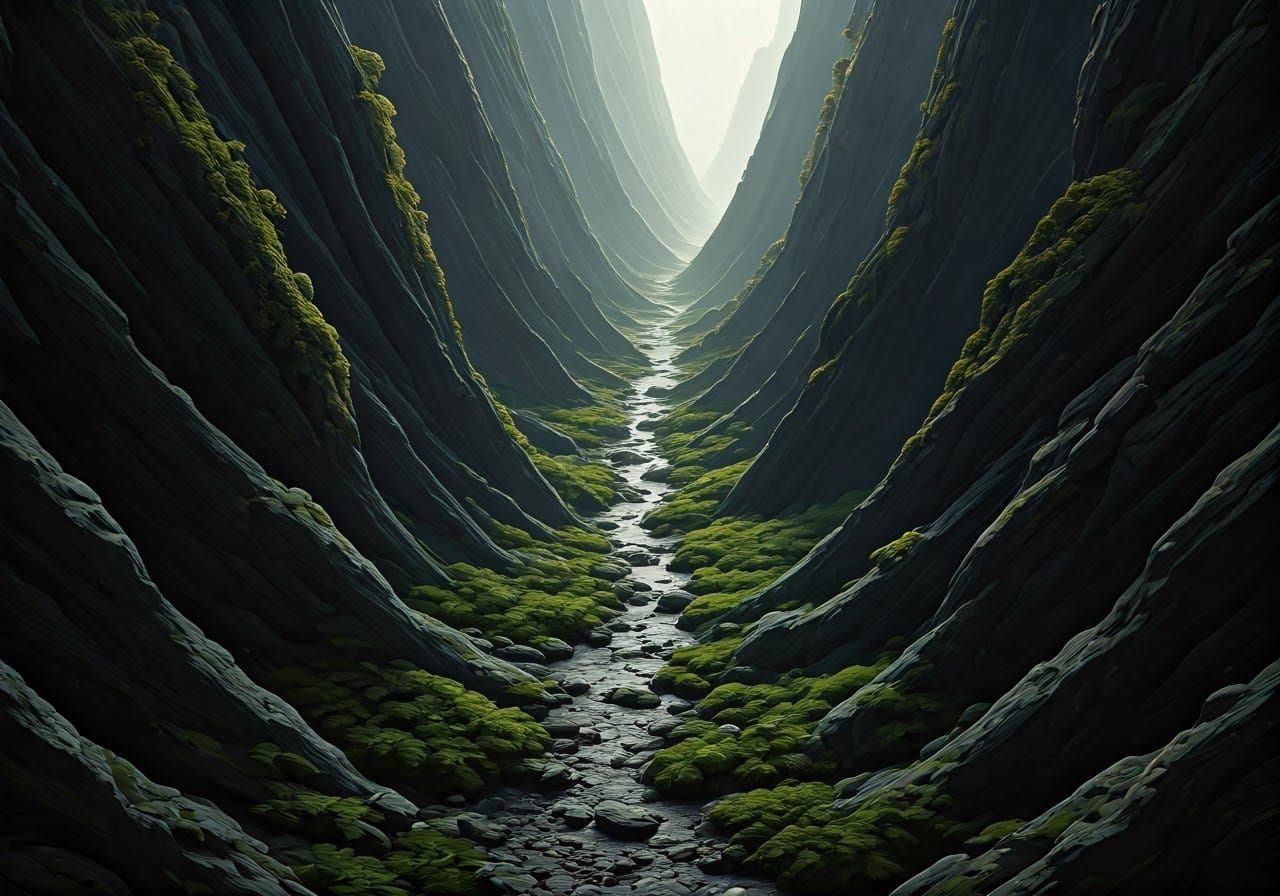 Dramatic Valley Landscape in Dark Gray Cliff Faces