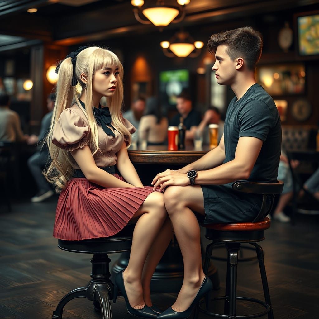 Young Man Uncomfortably Crossdressing in a Pub