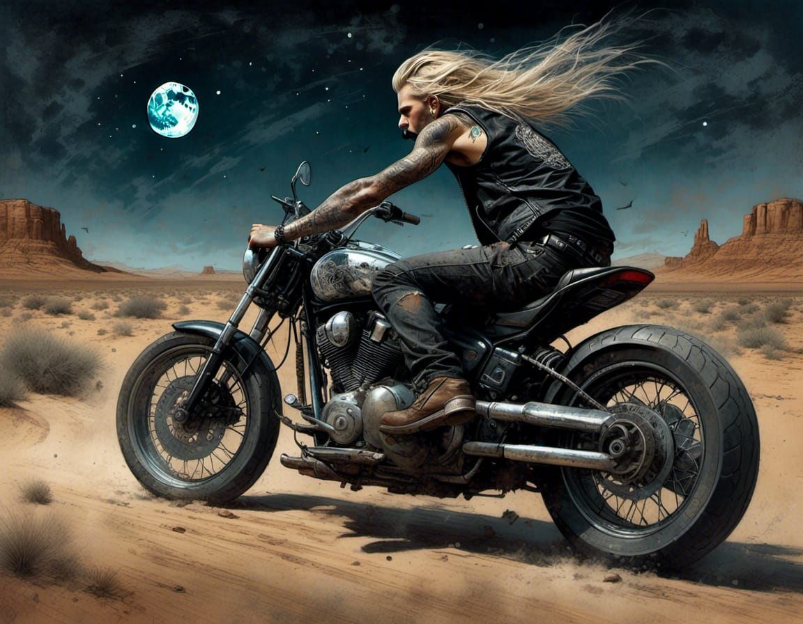 Biker on Desert Road at Night