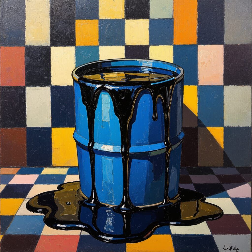 Blue Barrel Overflowing with Black Tar, Impressionist Style