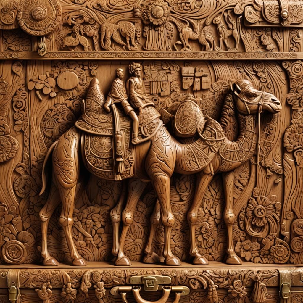Detailed Wooden Sculpture of Camels Carrying Luggage