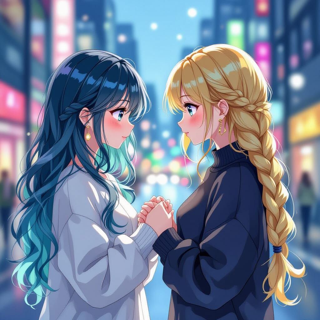 Anime Women Holding Hands in Cityscape