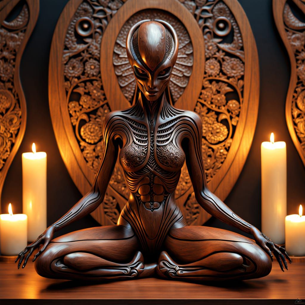 Wooden Xenomorph Woman with Floral Engravings